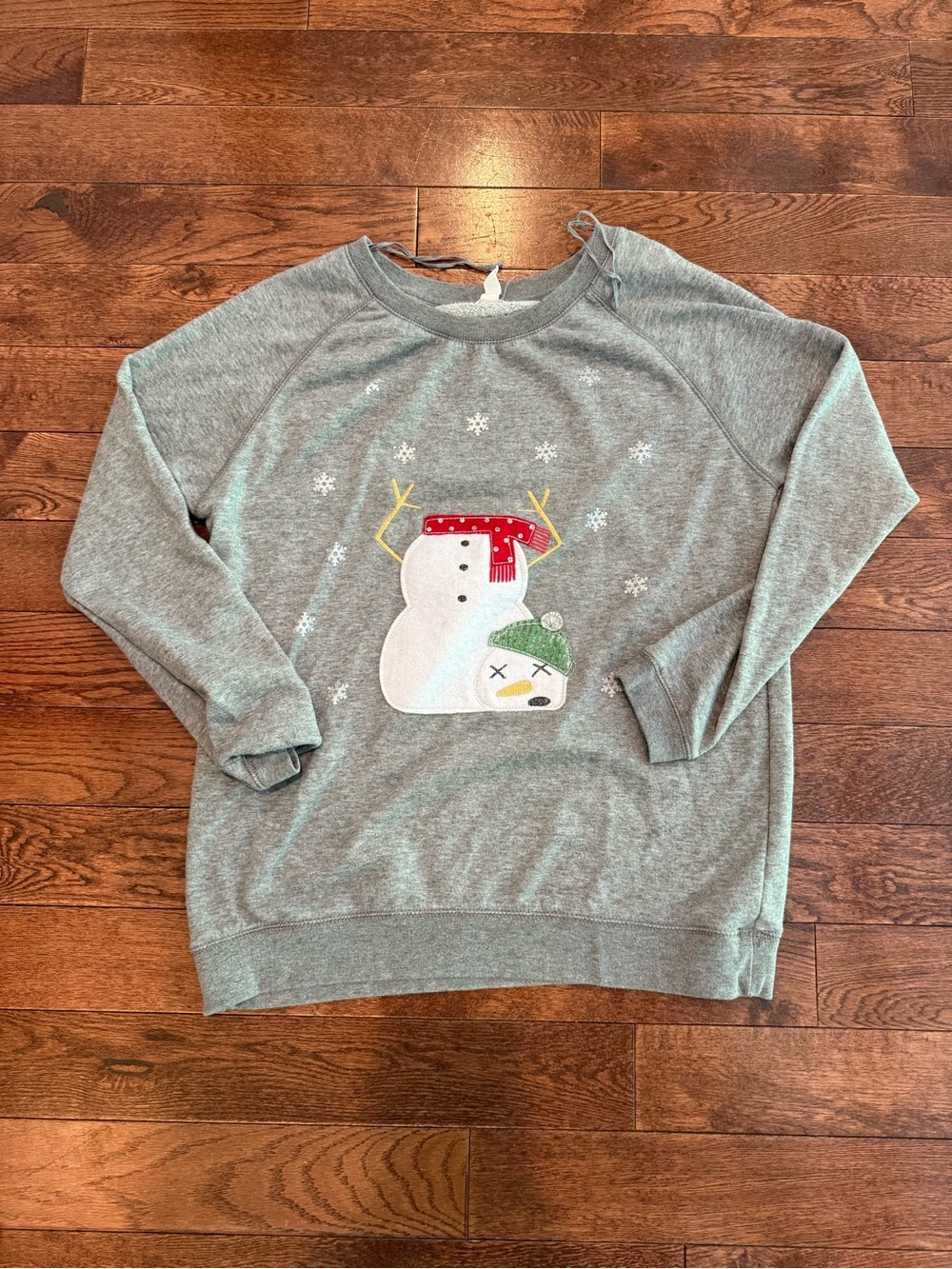 Bethany Mota Grey Snowman Graphic Crewneck with Red & Green Accents